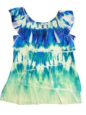 Moa Moa Tie Dye Ruffle Tiered Tank Top Womens Large Blue Green Layered USA L